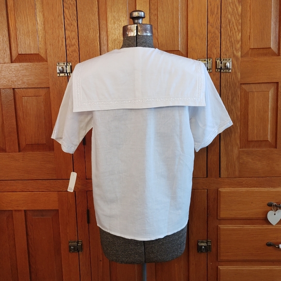 Vintage Karen Scott white embroidered sailor statement collar short sleeve top - Picture 4 of 11